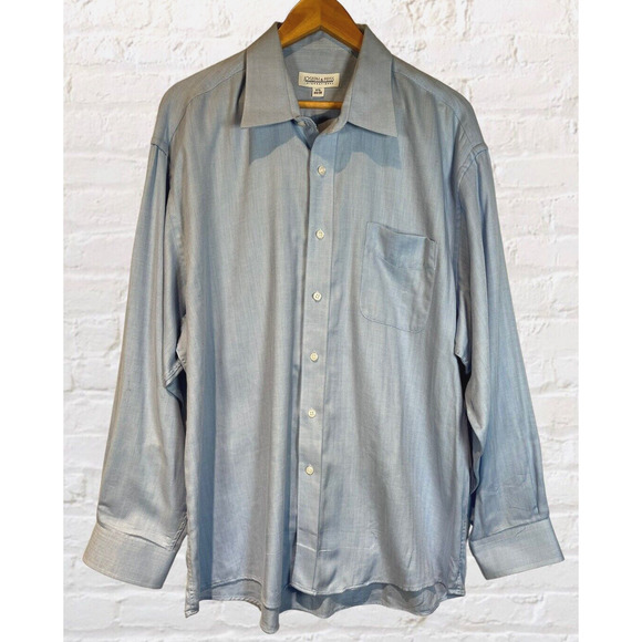 Joseph & Feiss 17 1/2 Mens Blue White Chevron Pattern Button Dress Shirt - Picture 2 of 8